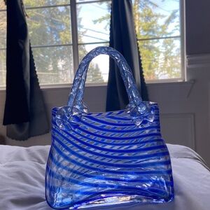 MURANO BLUE STRIPE HANDBAG GLASS VASE TWISTED HANDLE
